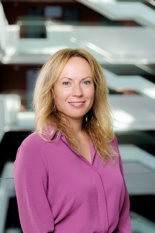Woman in a purple blouse